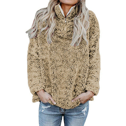 Women's Fluffy Fleece Pullover Jacket with High Collar and Zipper NOVAE