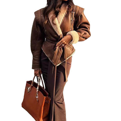 Women's Long Suede Coat with Adjustable Belt and Fashionable Collar NOVAE