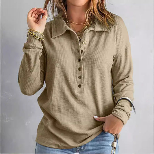 Women's long-sleeved blouse with buttoned collar and textured fabric NOVAE