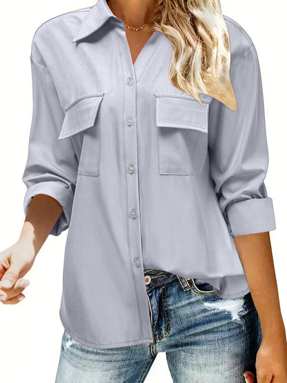 Women's casual long-sleeved blouse with practical chest pockets and button closure NOVAE