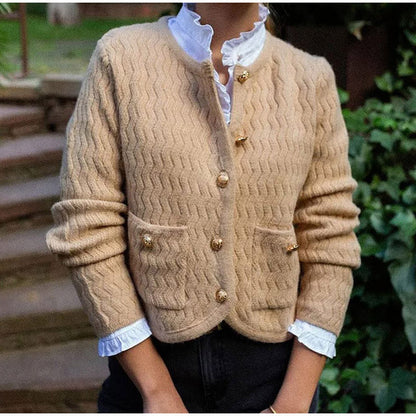 Women's cardigan with structured check pattern and decorative buttons NOVAE