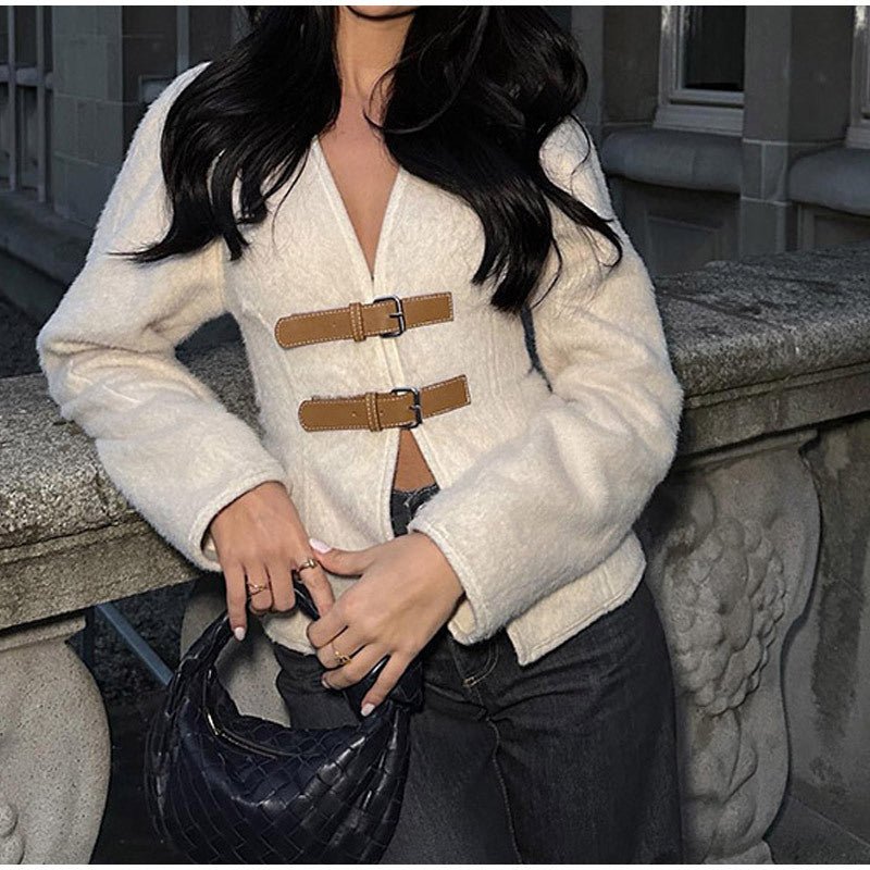 Women's elegant teddy jacket with decorative buckles NOVAE