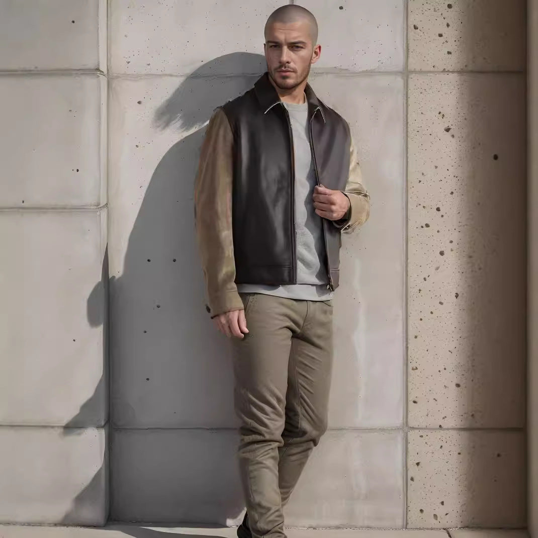 Men's fashionable leather jacket with corduroy details and practical zip pockets NOVAE