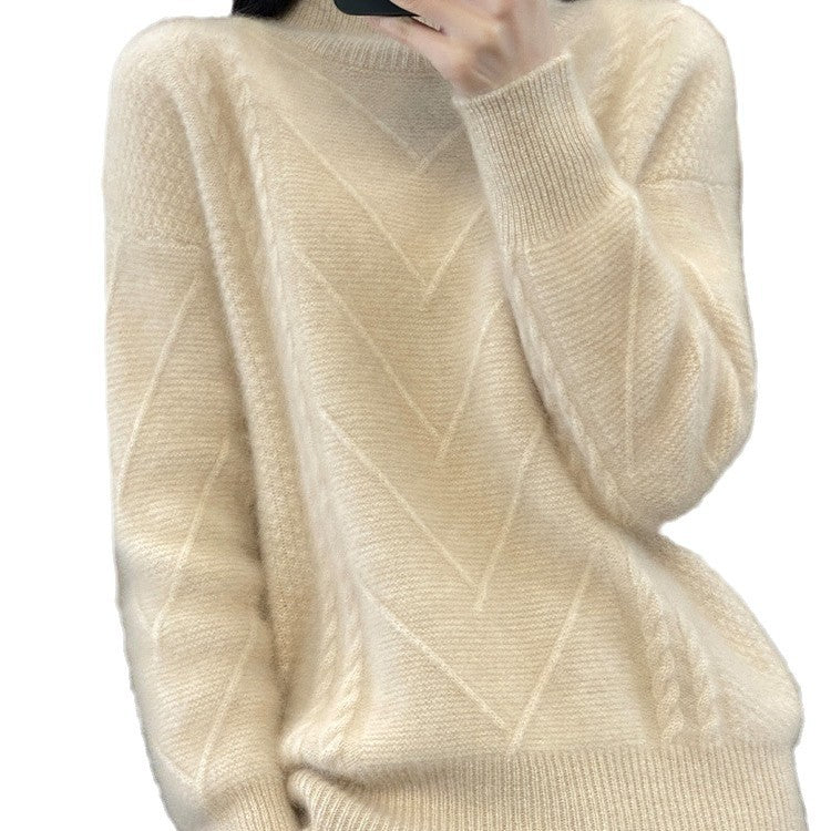 Women's chunky knit sweater with innovative cable pattern and high stand-up collar NOVAE
