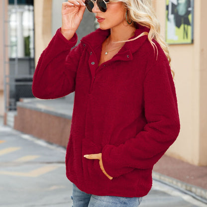 Women's Cozy Fleece Sweater with Button Placket and Kangaroo Pocket NOVAE