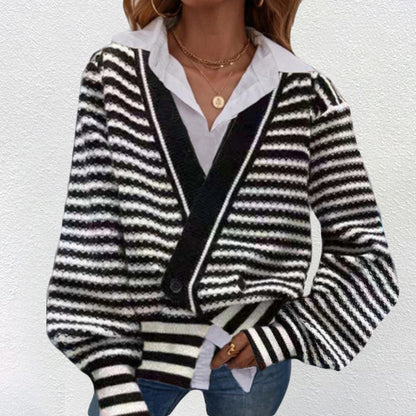 Women's chunky knit cardigan with V-neck and modern stripes NOVAE