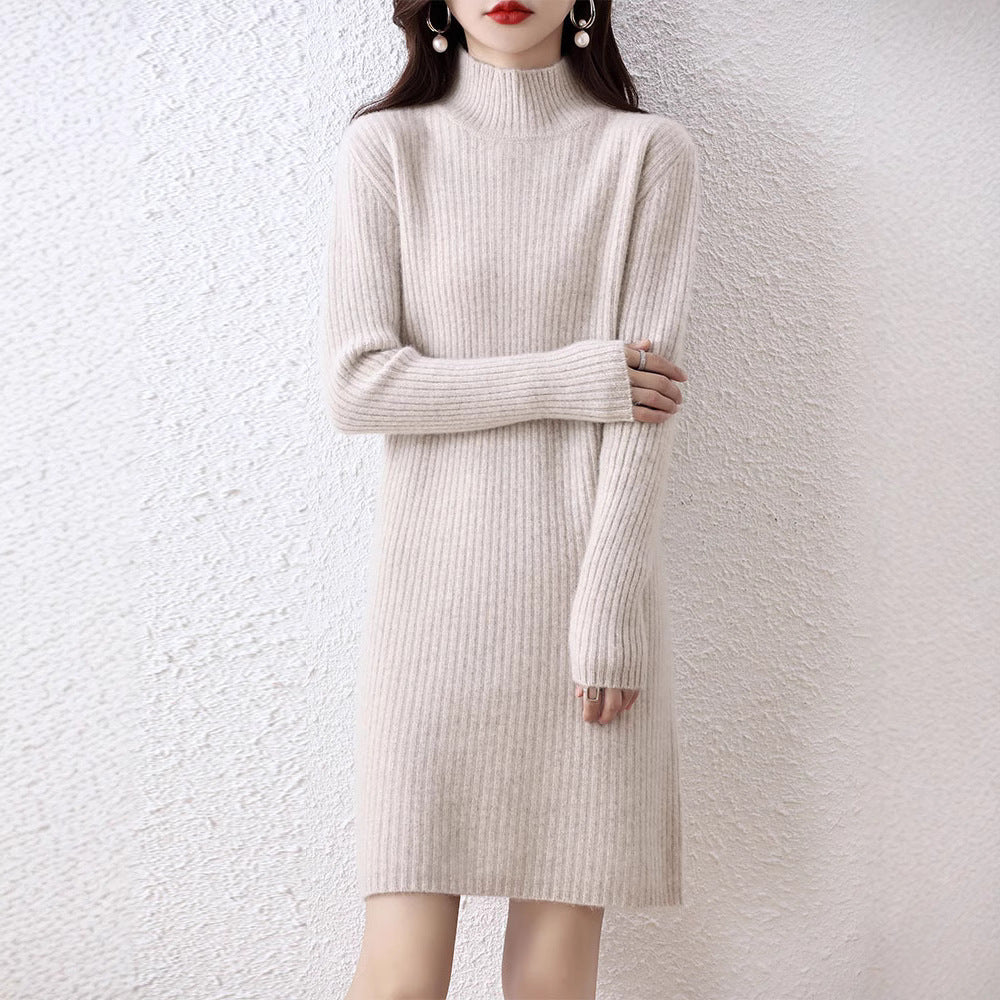 Women's knitted dress in an elegant ribbed design with a high collar NOVAE