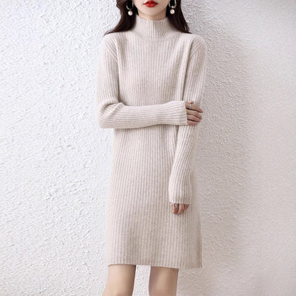 Women's knitted dress in an elegant ribbed design with a high collar NOVAE