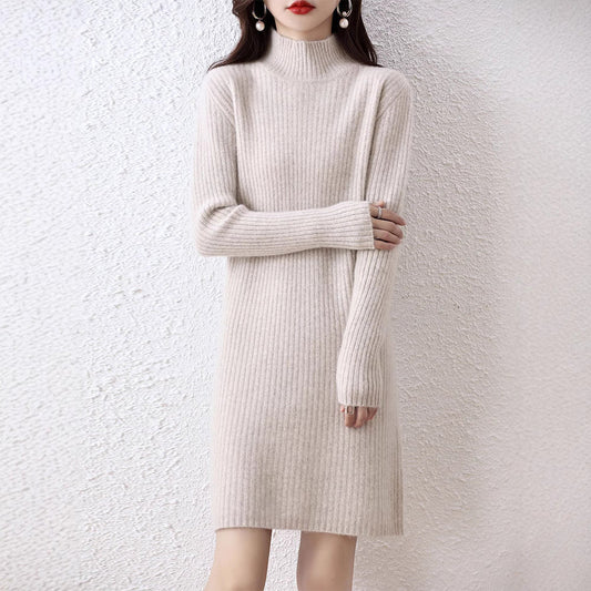 Women's knitted dress in an elegant ribbed design with a high collar NOVAE