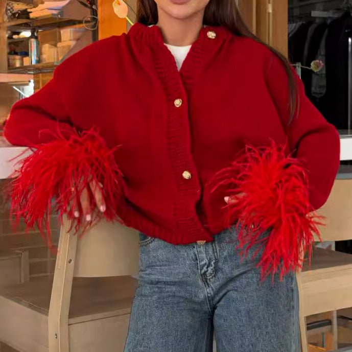 Women's cardigan with elegant fringed sleeves and gold buttons NOVAE