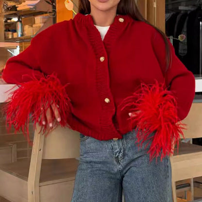 Women's cardigan with elegant fringed sleeves and gold buttons NOVAE