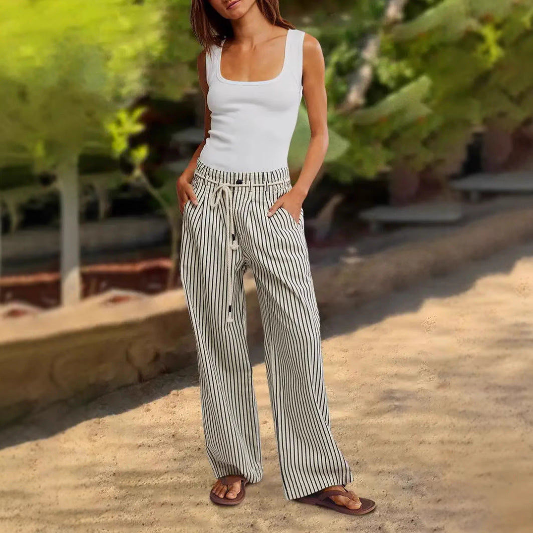 Women's wide-leg linen trousers with striped pattern and adjustable waistband NOVAE