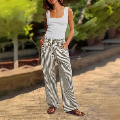 Women's wide-leg linen trousers with striped pattern and adjustable waistband NOVAE