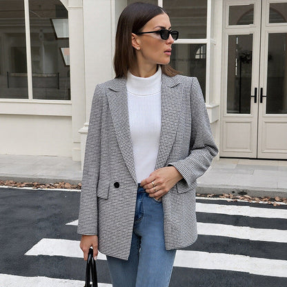 Women's checked oversized blazer jacket with double button placket NOVAE