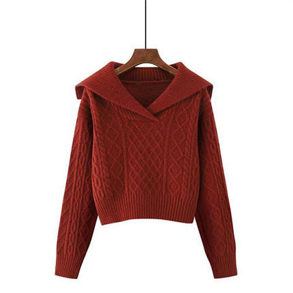 Women's knitted sweater with wide collar and sophisticated cable pattern NOVAE