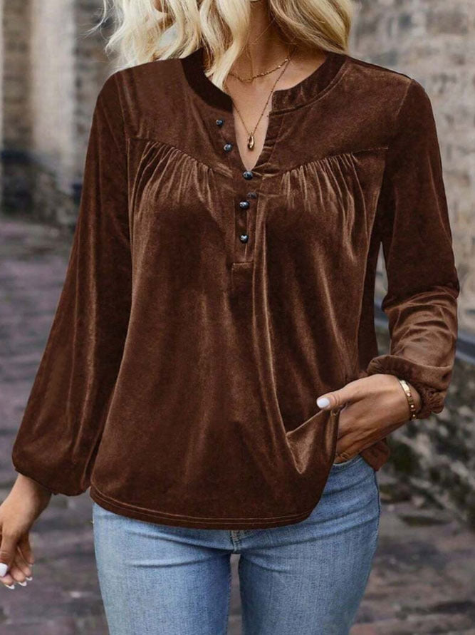 Women's velour blouse with button placket and balloon sleeves NOVAE