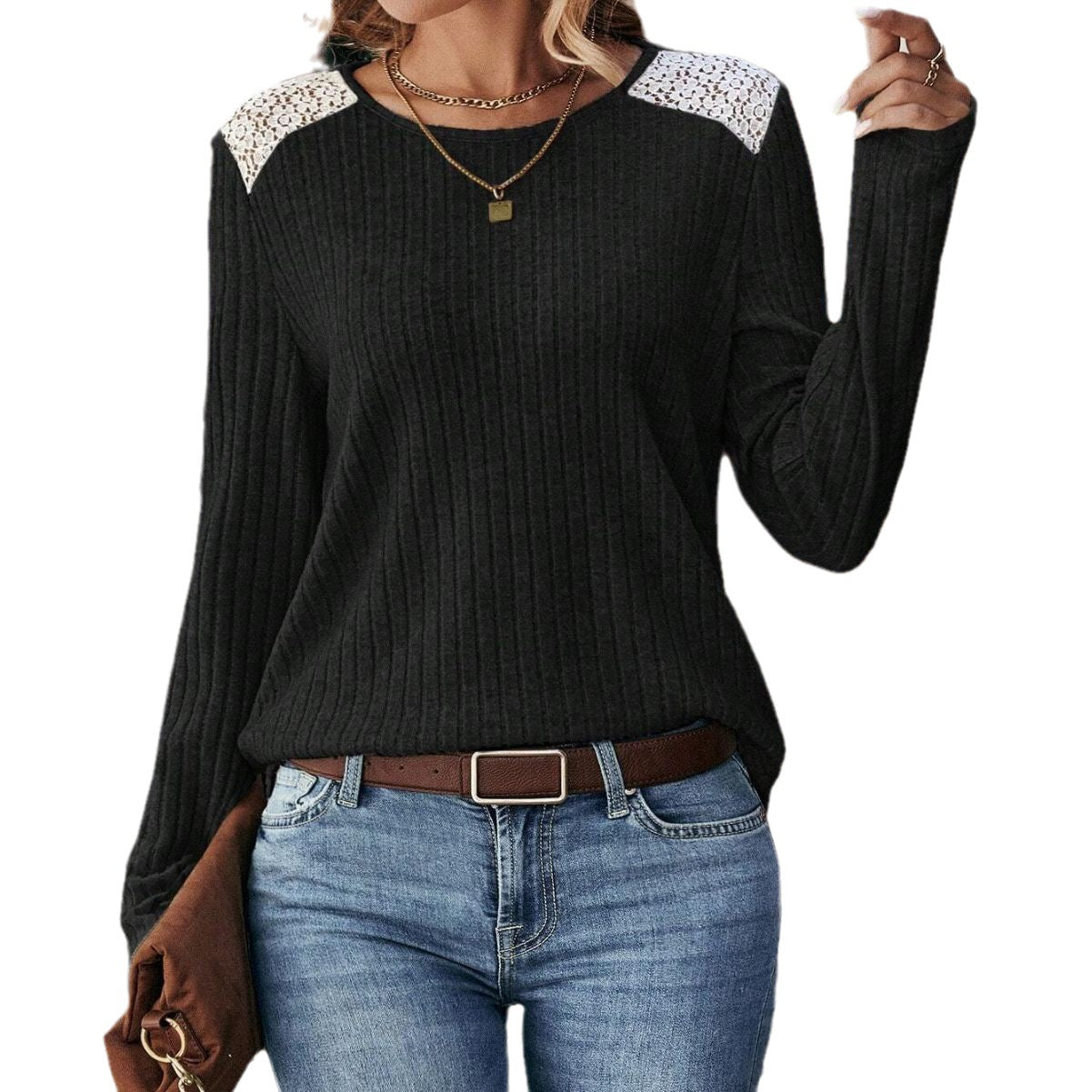 Women's long-sleeved shirt with fine ribbed details and lace accents NOVAE