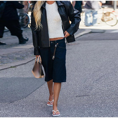 Women's fashionable faux leather jacket with elastic cut and practical pockets NOVAE