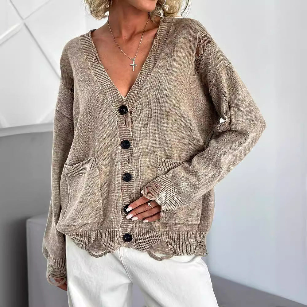Women's casual oversized sweater with V-neck and pockets NOVAE