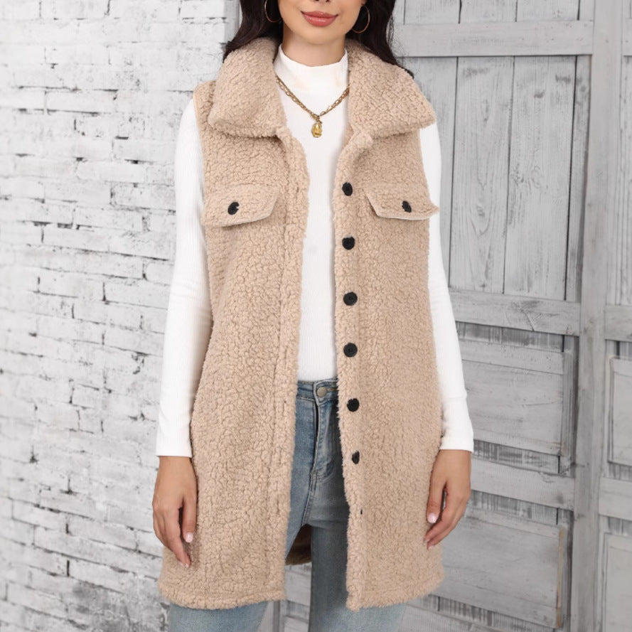 Women's Cozy Plush Vest with Patch Pockets and Fashionable Collar NOVAE