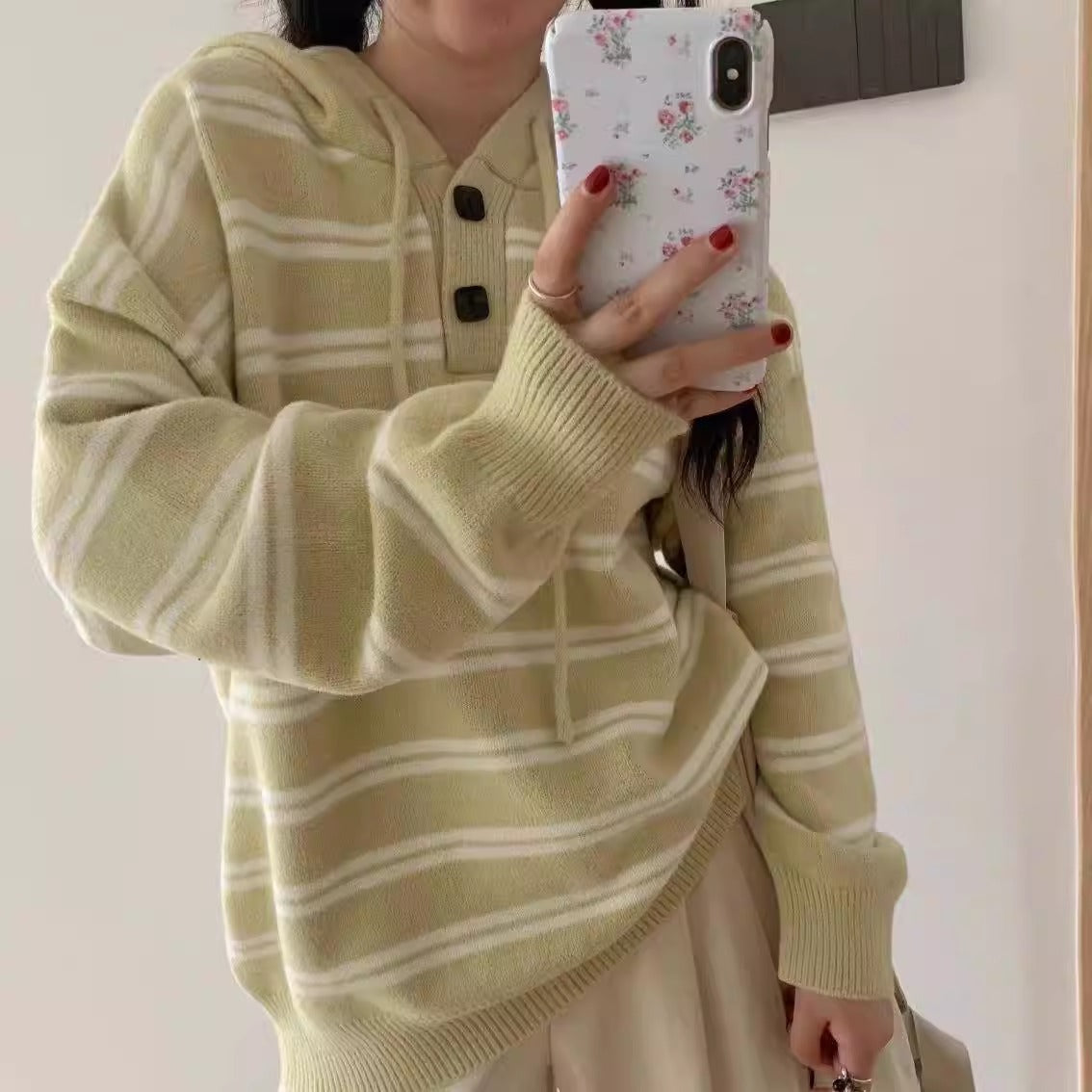 Women's casual striped sweater with button placket and hood NOVAE