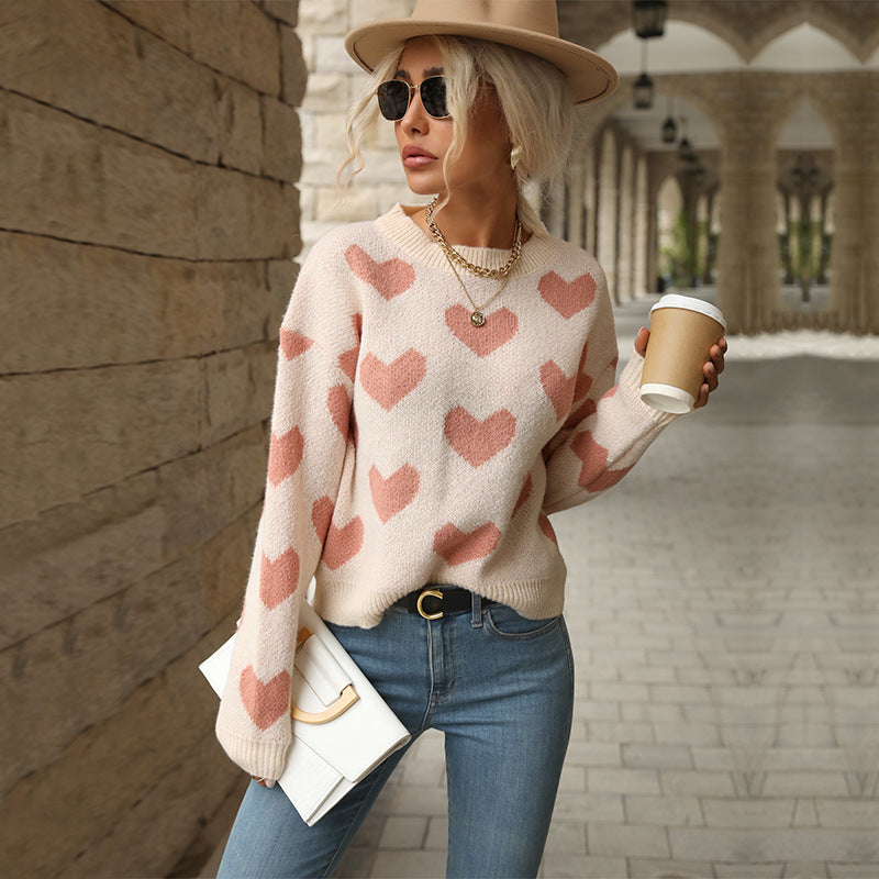 Women's knitted sweater with heart pattern and relaxed fit NOVAE