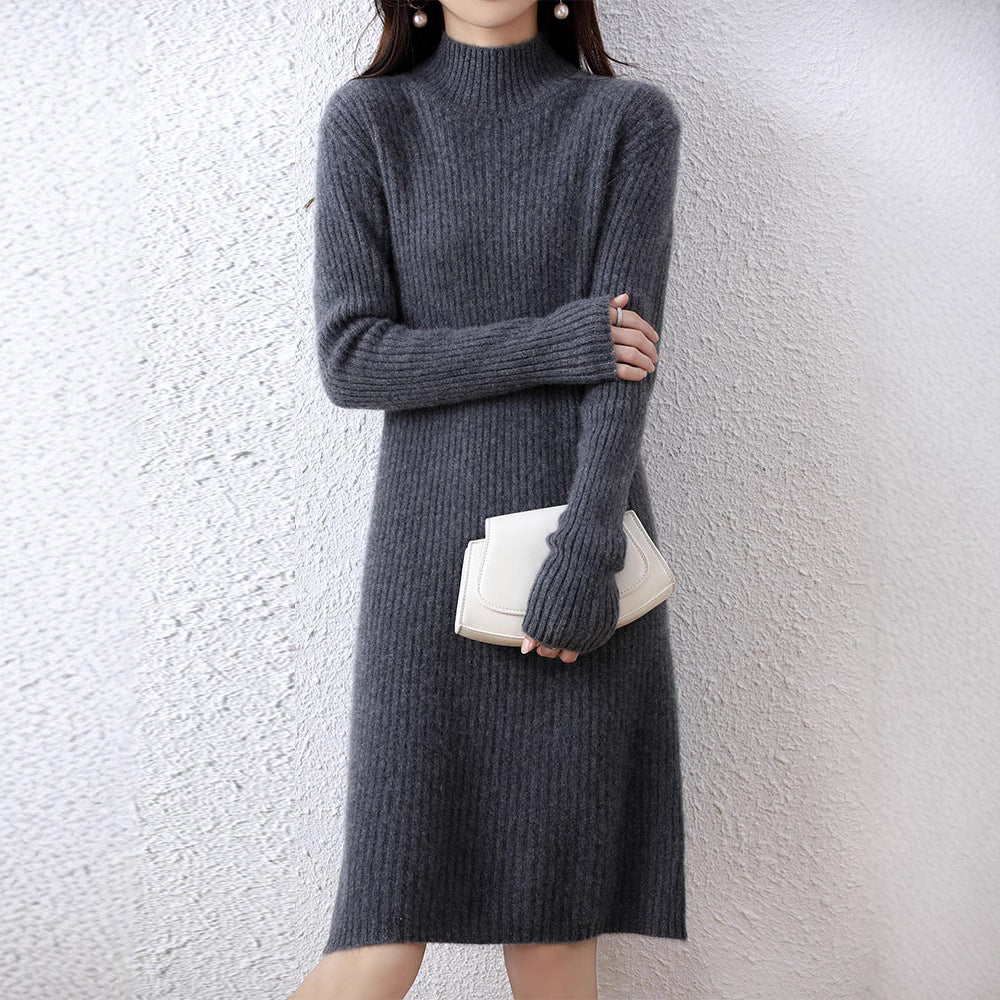 Women's knitted dress in an elegant ribbed design with a high collar NOVAE