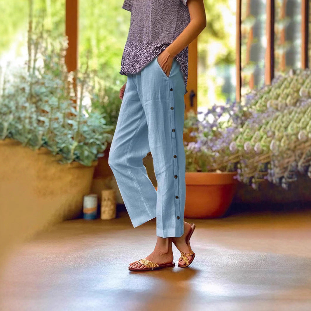 Women's lightweight and airy summer trousers with side buttons NOVAE