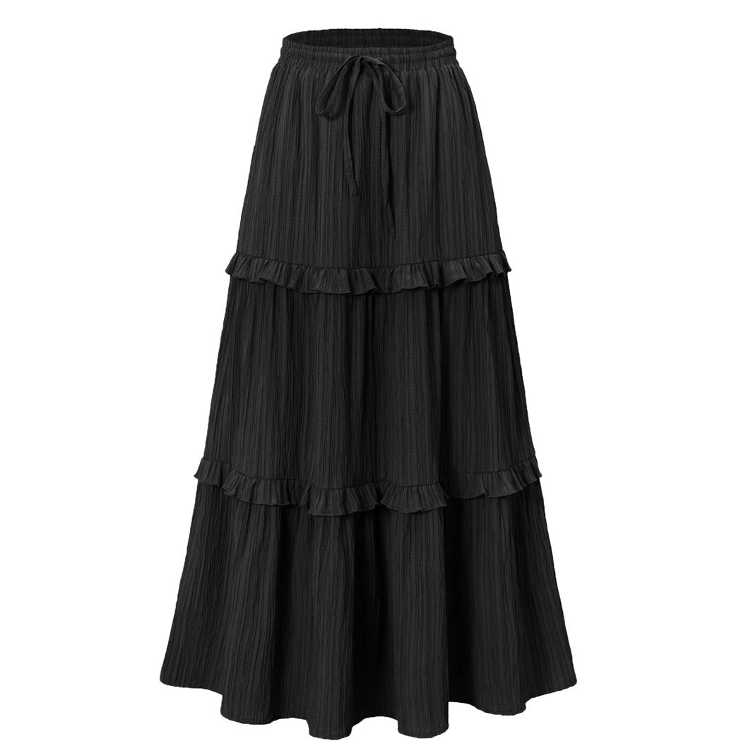 Women's Long Flowy Skirt with Ruffles and Elastic Waistband NOVAE