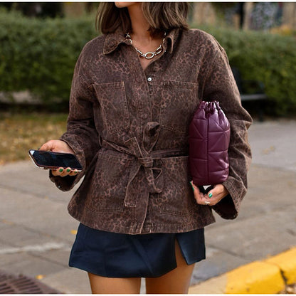 Women's fashionable denim jacket in leopard print design with belt NOVAE