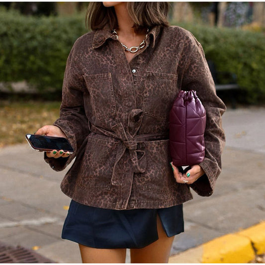 Women's fashionable denim jacket in leopard print design with belt NOVAE