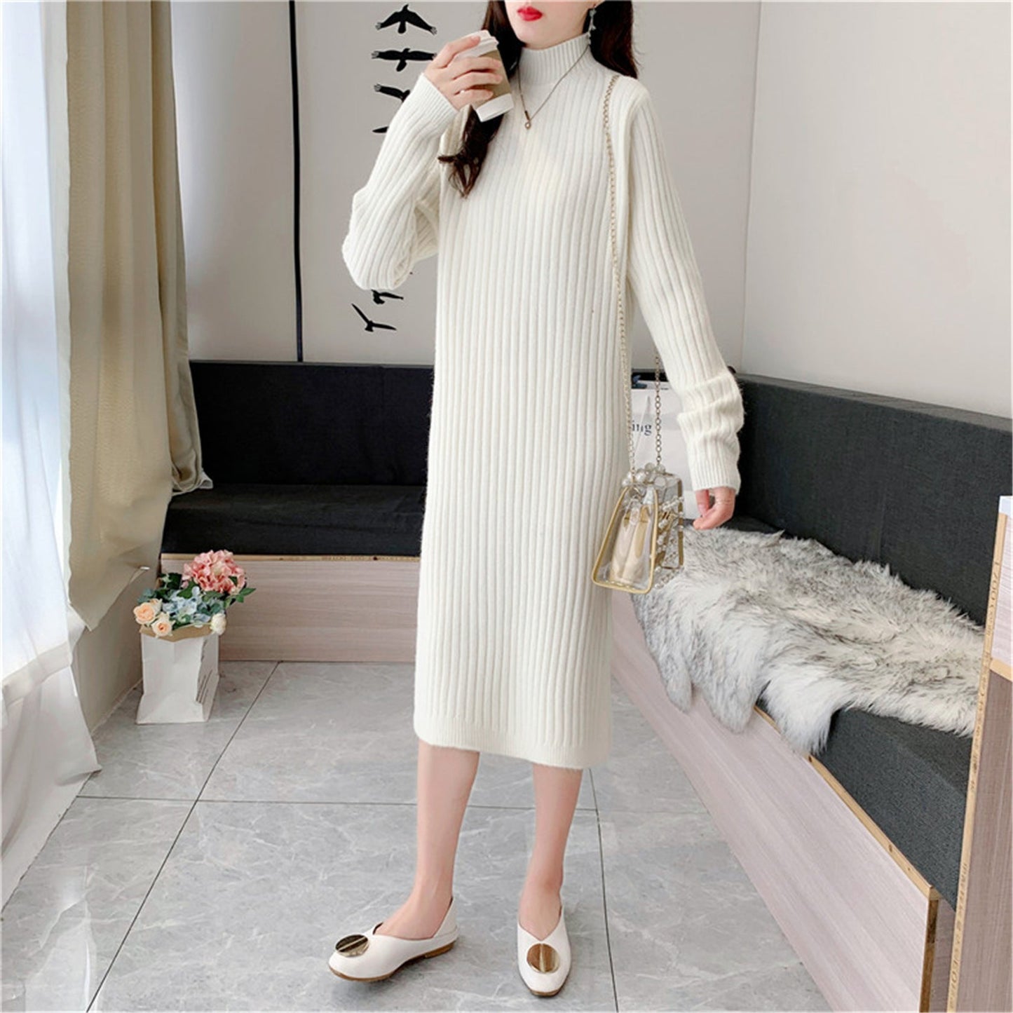 Women's knitted maxi dress with high collar and fine rib texture NOVAE