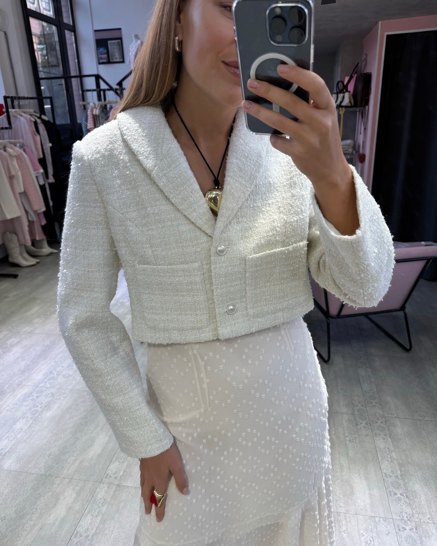 Women's elegant short jacket made of high-quality bouclé with shimmering button details NOVAE