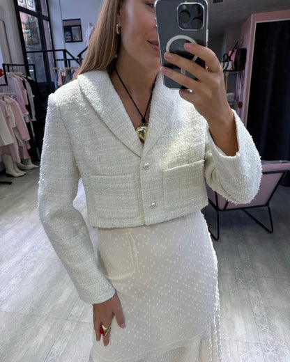 Women's elegant short jacket made of high-quality bouclé with shimmering button details NOVAE