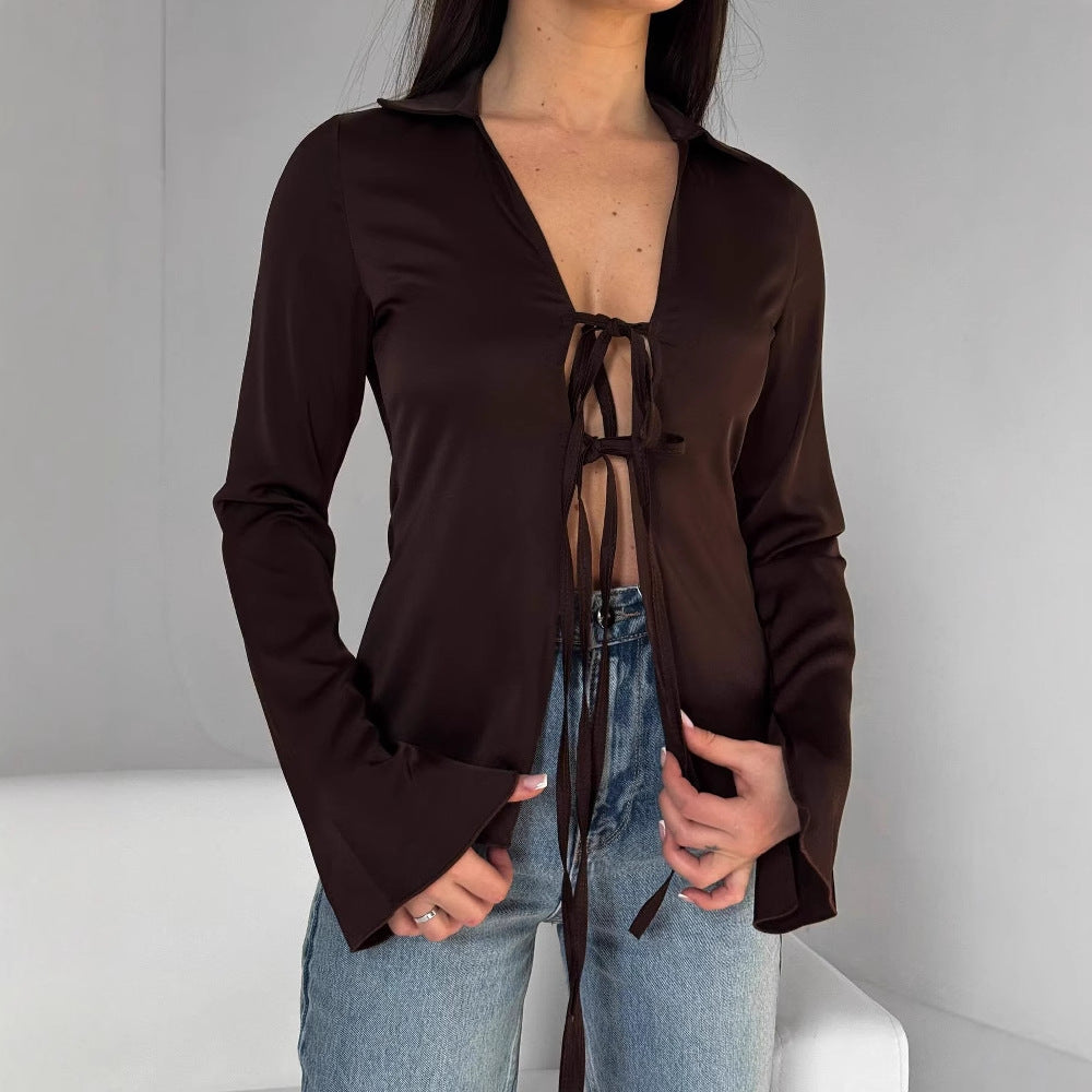 Women's elegant blouse with decorative lacing detail and wide sleeves NOVAE