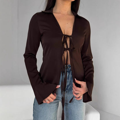 Women's elegant blouse with decorative lacing detail and wide sleeves NOVAE