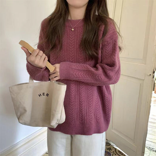 Women's chunky knit sweater with modern cable pattern and high round neckline NOVAE