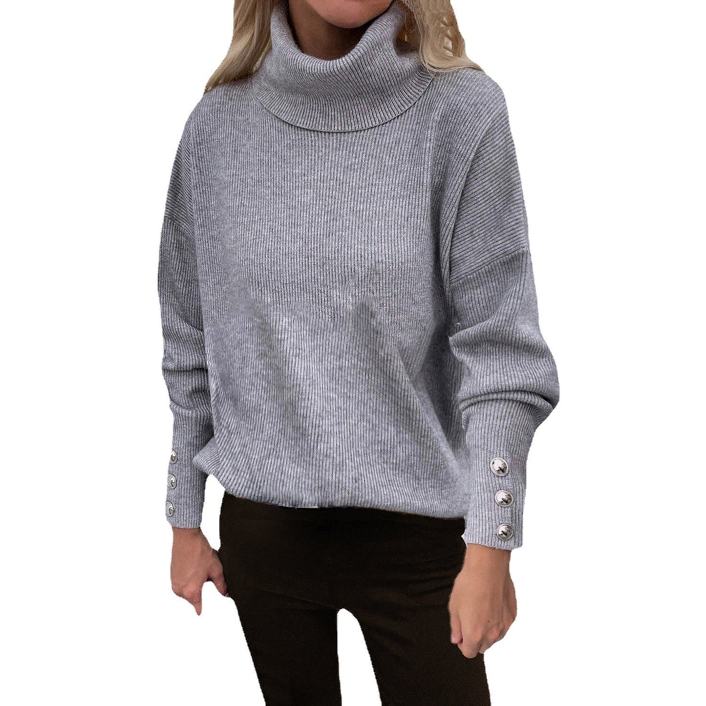 Women's roll-neck sweater with striped design and decorative buttons NOVAE