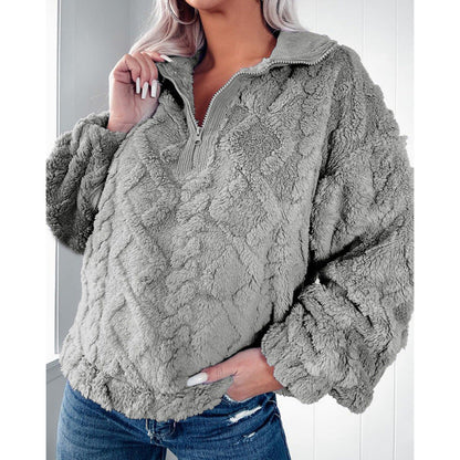 Women's fleece pullover with half zipper and textured design NOVAE