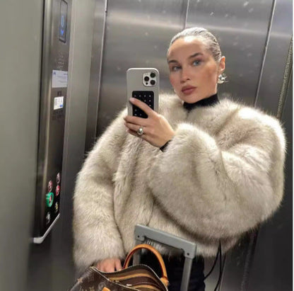 Women's extravagant short-sleeved fur jacket with voluminous sleeves NOVAE