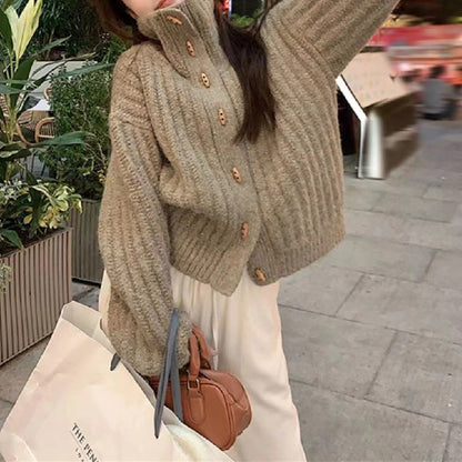 Women's Cozy Knit Sweater with High Collar and Button Details NOVAE