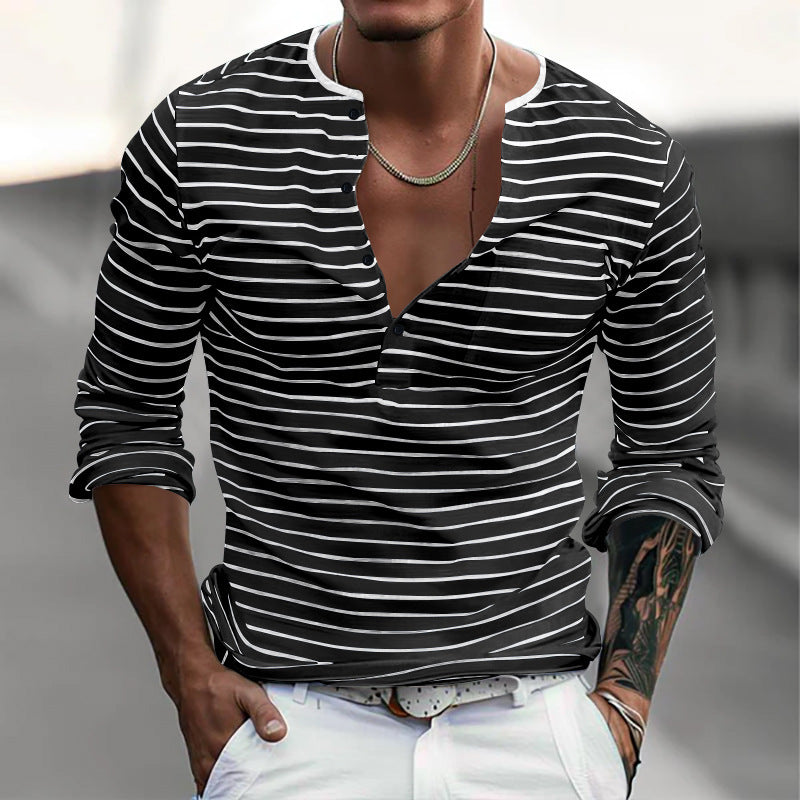 Men's striped long-sleeved shirt with button placket and V-neck NOVAE