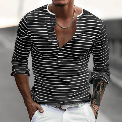 Men's striped long-sleeved shirt with button placket and V-neck NOVAE
