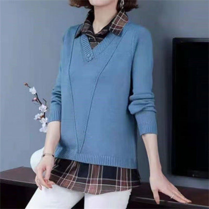 Women's layered knit sweater with V-neck and trendy shirt blouse NOVAE