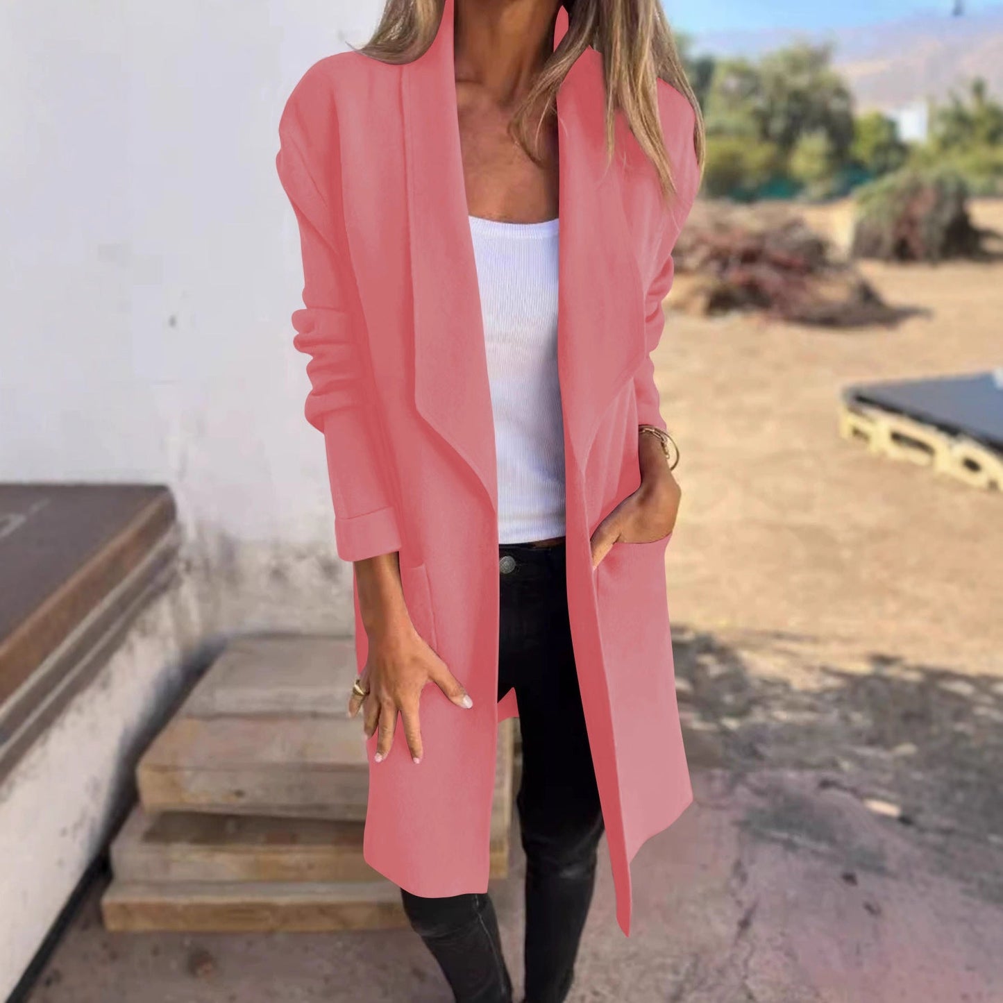 Women's elegant transitional jacket with practical lapel collar and deep pockets NOVAE