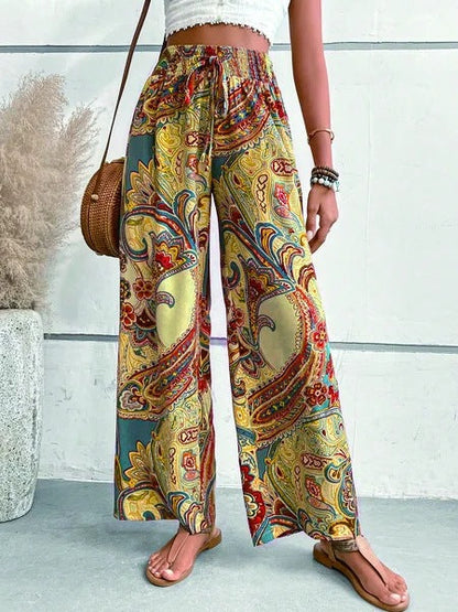 Women's wide-leg summer trousers with floral patterns and elasticated waistband NOVAE