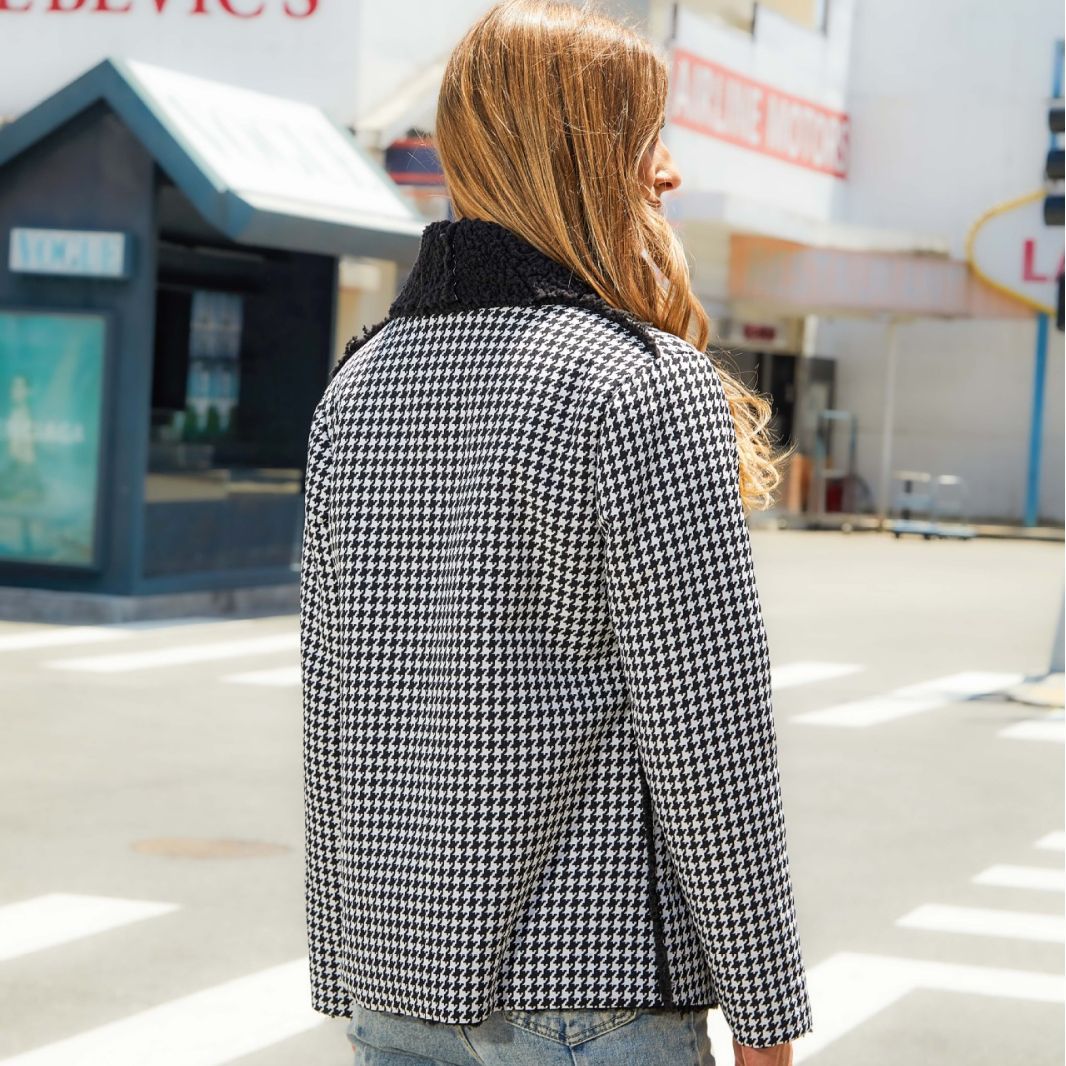 Women's checked fleece jacket with modern shawl collar and large hand pockets NOVAE