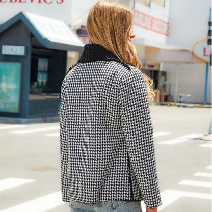 Women's checked fleece jacket with modern shawl collar and large hand pockets NOVAE
