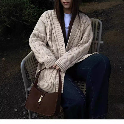 Women's knitted cardigan with deep V-neck and textured cable pattern NOVAE