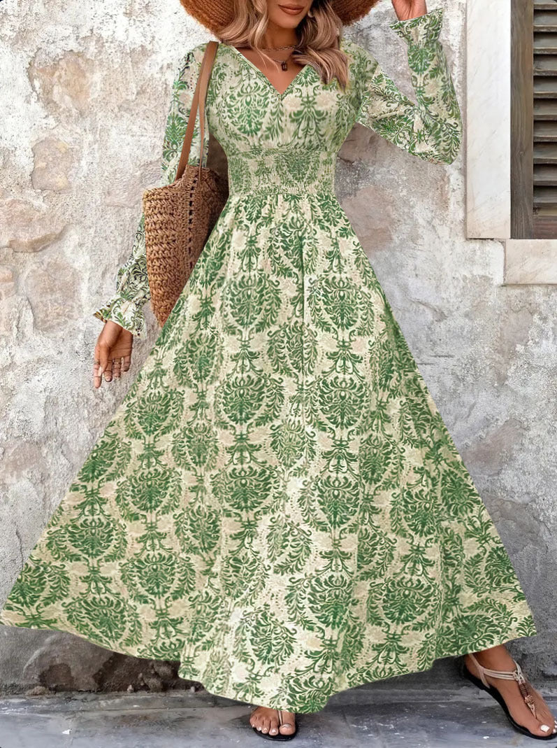 Women's long maxi dress with floral jacquard pattern and voluminous sleeves NOVAE